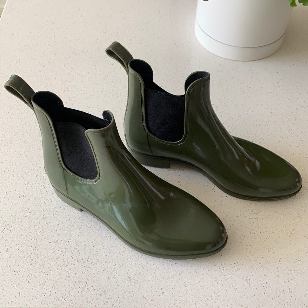 J. Crew Chelsea olive green patent rain boots